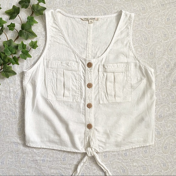 Vanilla Star Tops - Vanilla Star (juniors) cropped rustic linen-viscose tank w/ front tie, white
